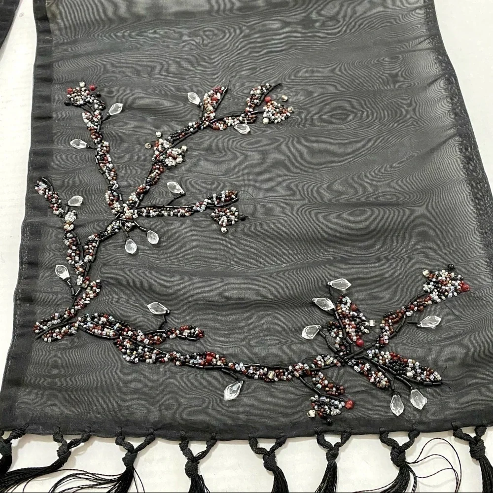 Black Embellished Table Runner OS Beaded Fringes Boho Goth Whimsy Sheer